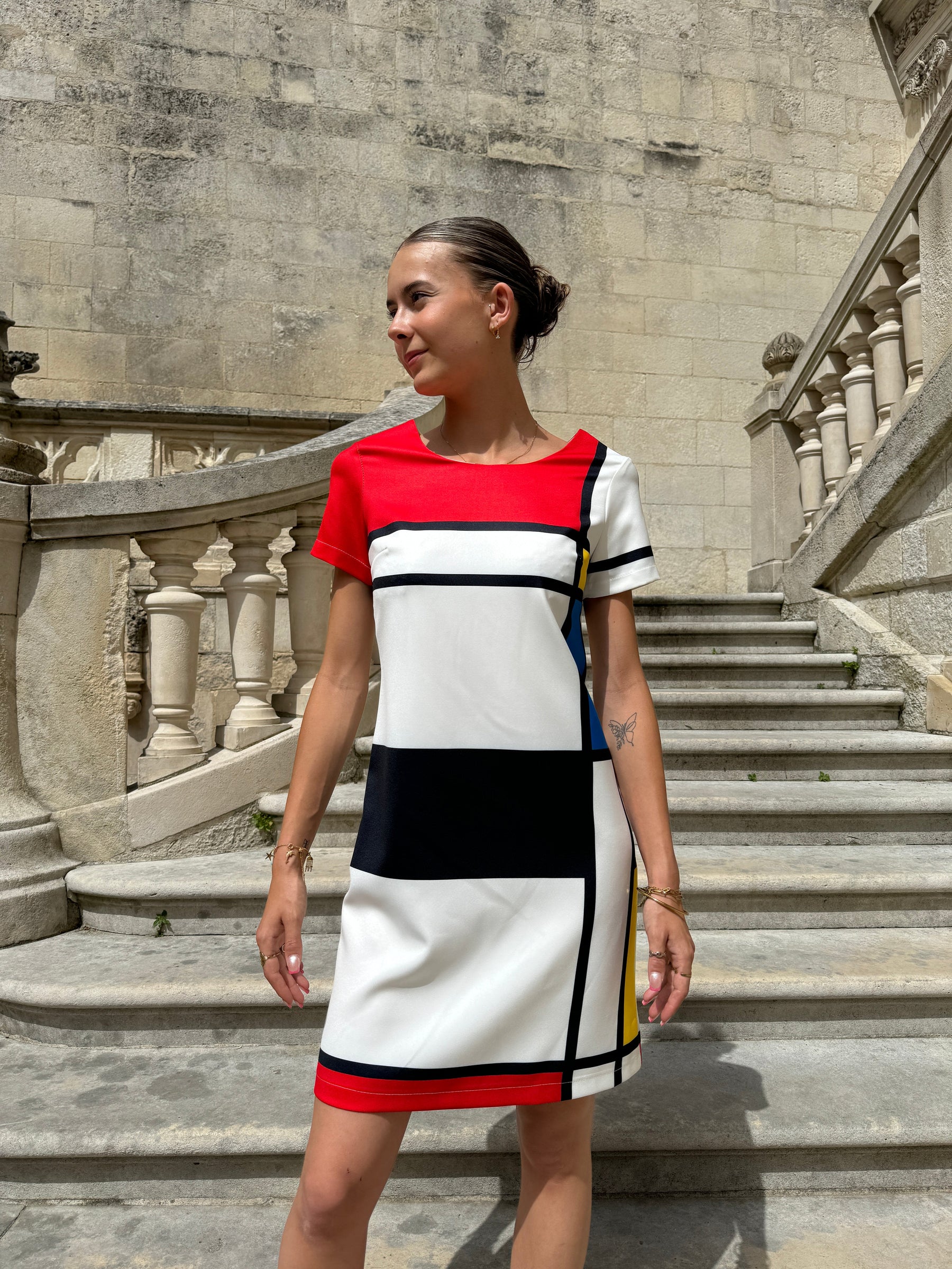 Korte Jurk Voor Vrouwen - Mondriaanprint & Retro Design