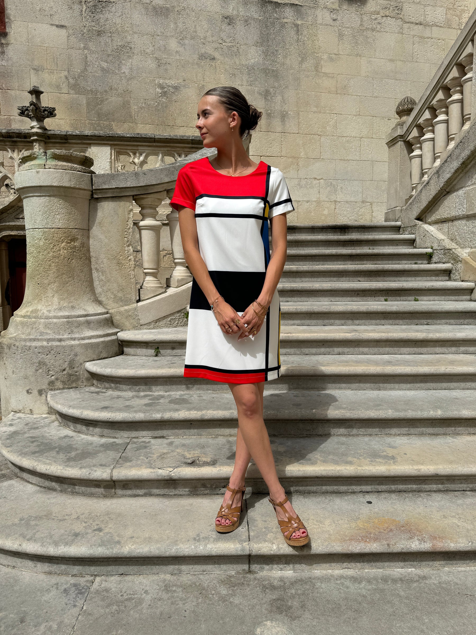 Korte Jurk Voor Vrouwen - Mondriaanprint & Retro Design