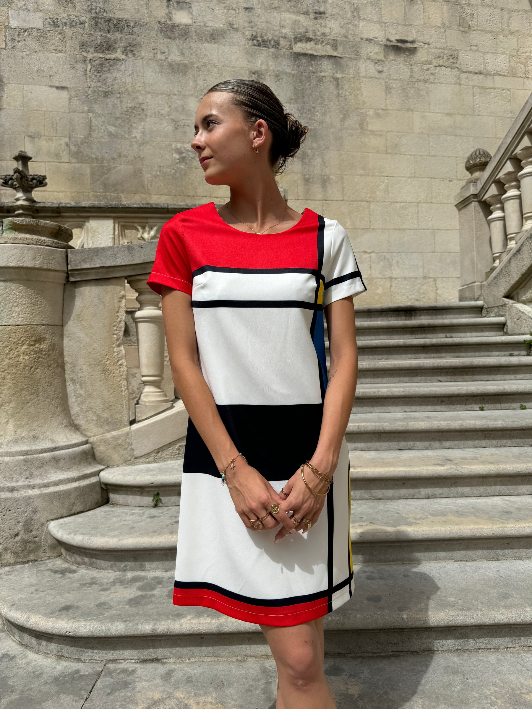 Korte Jurk Voor Vrouwen - Mondriaanprint & Retro Design