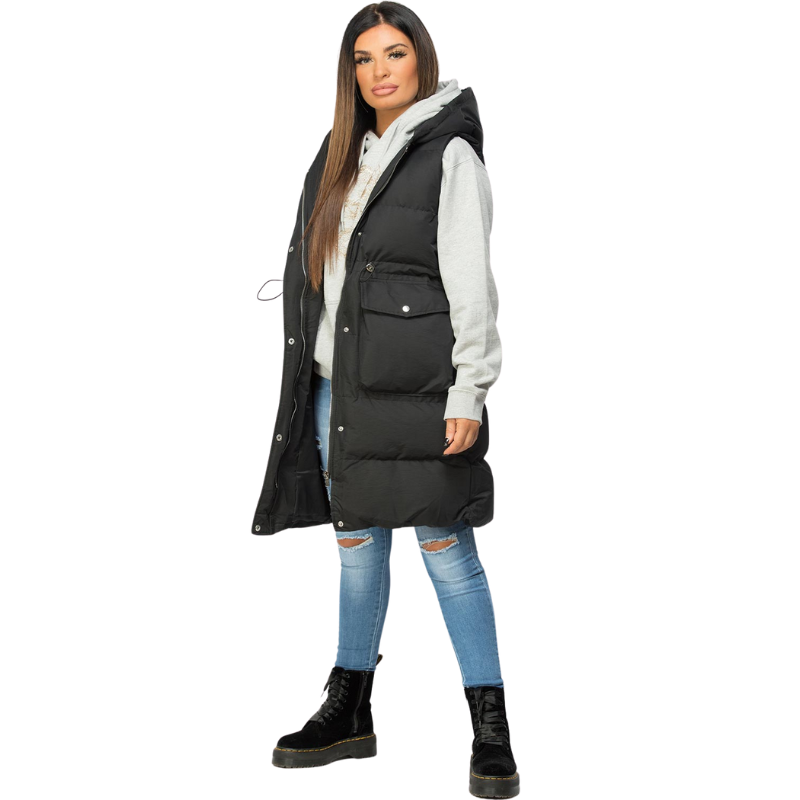 Zwarte Dames Lange Puffer Gilet met Elastische Taillekoord: Comfortabel, Stijlvol en Verstelbaar