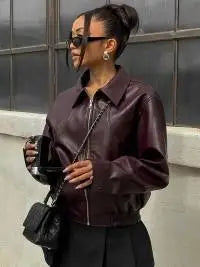 Bordeauxrode Leren Cropped Jas