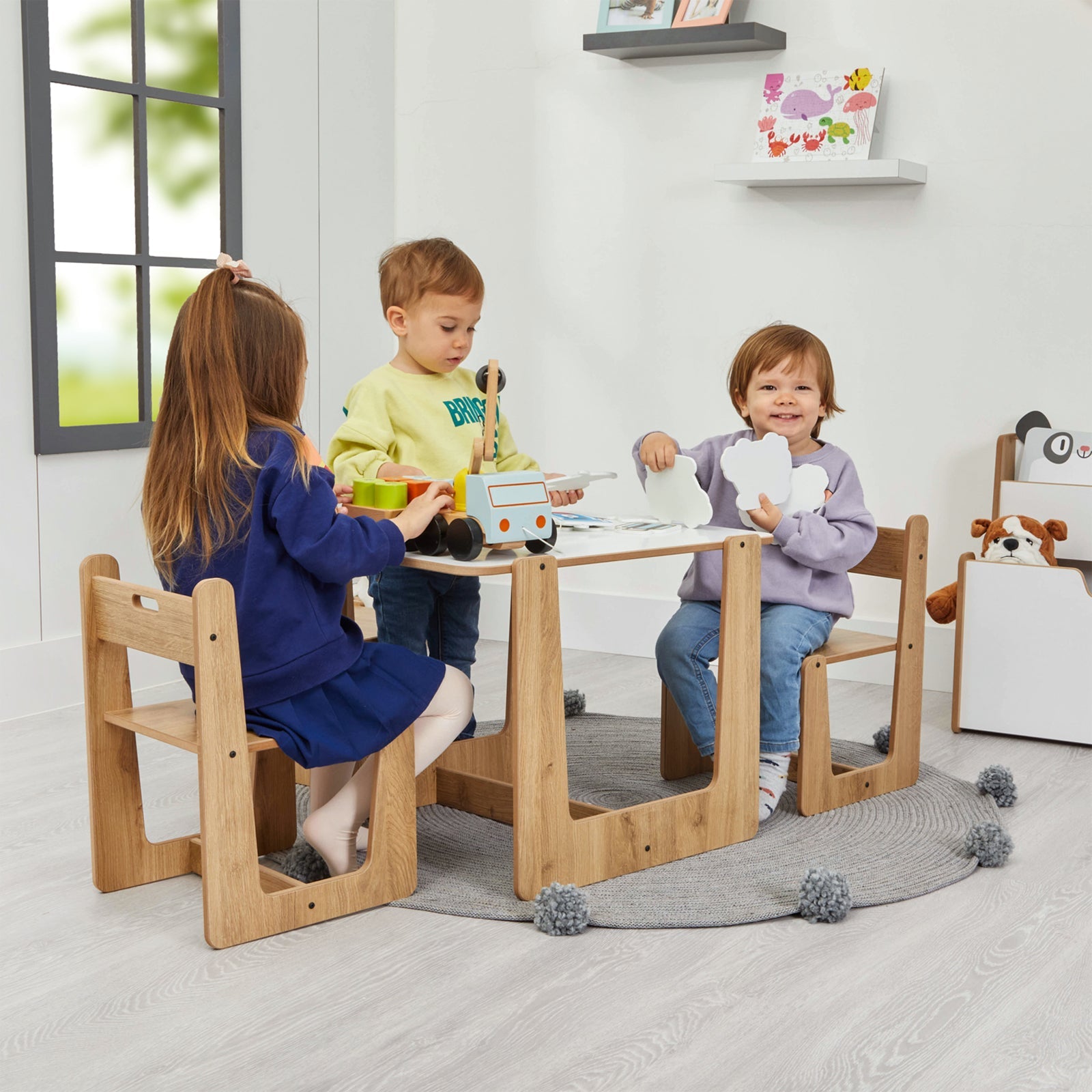 Crane Montessori Kindertafel – Multifunctionele, Veilig en Ruimtebesparende Speeltafel met Stoelen voor Kinderen