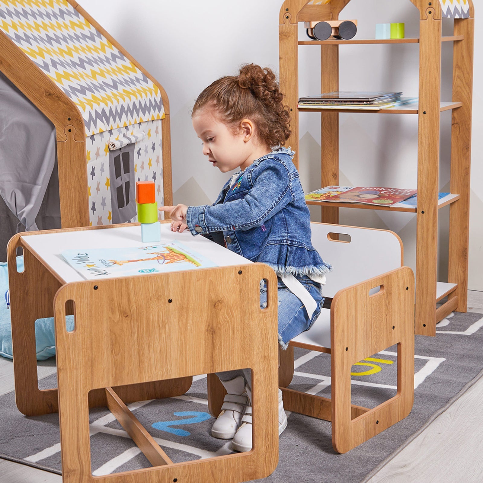 Dove Montessori Kinder Tafel en Stoelen Set – Ruimtebesparend, Veilig en Duurzaam voor Creatief Spel