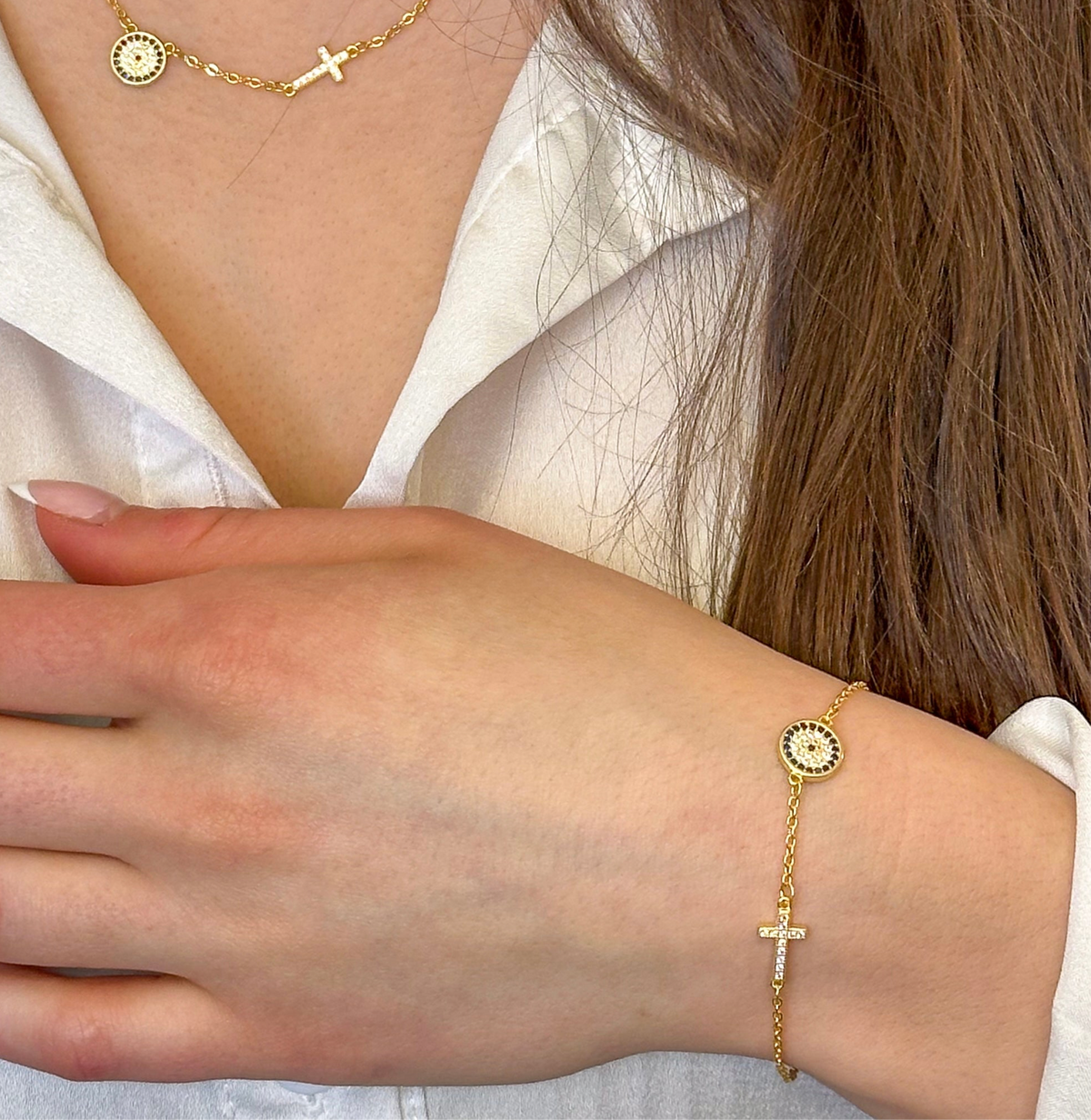 Elegant Design | Armband met Boze Oog en Kruis van 925 Sterling Zilver – Voor Positieve Energie