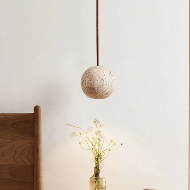 Elegante Beige LED-Hanglamp van Steen met Verstelbare Hoogte voor Sfeervolle Verlichting