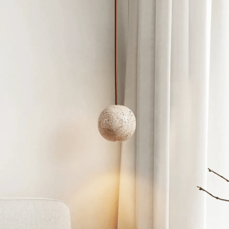 Elegante Beige LED-Hanglamp van Steen met Verstelbare Hoogte voor Sfeervolle Verlichting