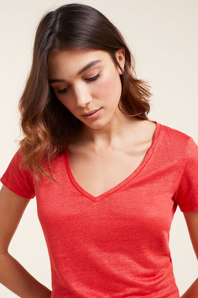 Linnen T-shirt Met V-hals