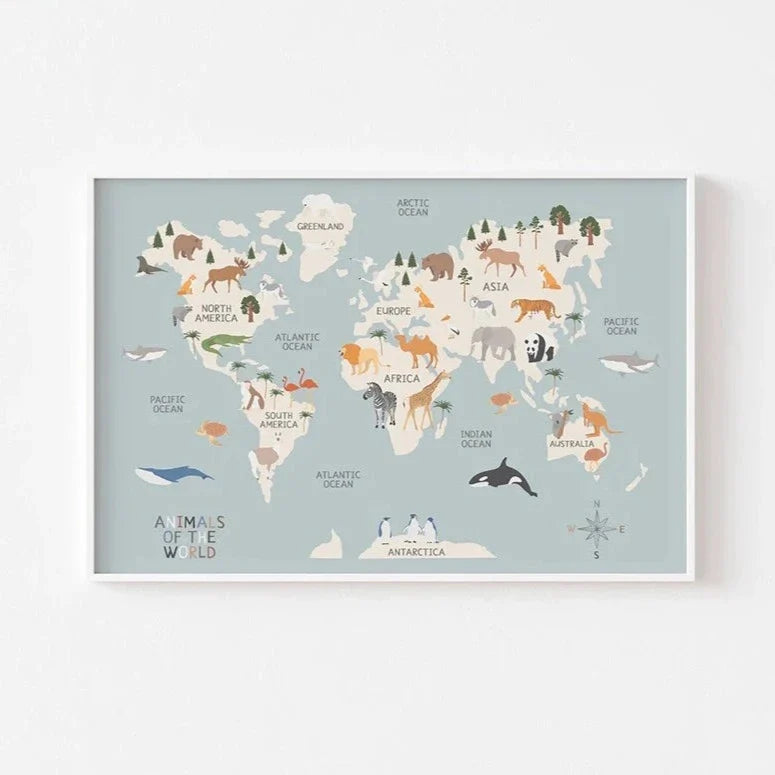 Kids Wereldkaart Canvas - Educatieve Kinderkamer Decoratie met Schattige Dieren in Pasteltinten