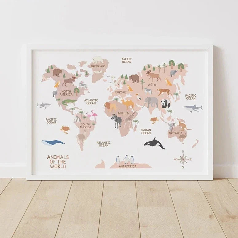 Kids Wereldkaart Canvas - Educatieve Kinderkamer Decoratie met Schattige Dieren in Pasteltinten