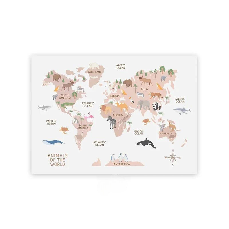 Kids Wereldkaart Canvas - Educatieve Kinderkamer Decoratie met Schattige Dieren in Pasteltinten