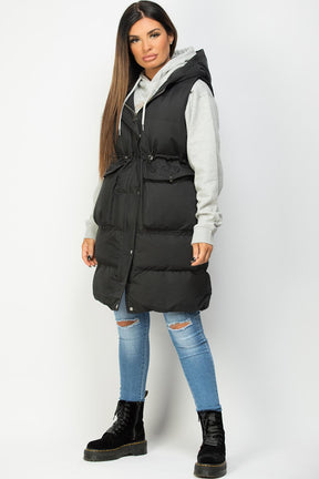 Zwarte Dames Lange Puffer Gilet met Elastische Taillekoord: Comfortabel, Stijlvol en Verstelbaar