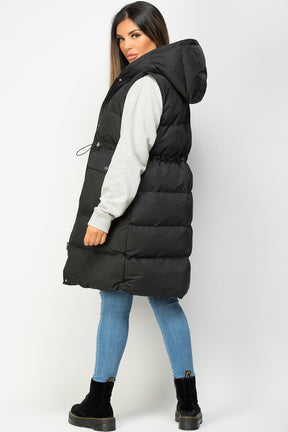 Zwarte Dames Lange Puffer Gilet met Elastische Taillekoord: Comfortabel, Stijlvol en Verstelbaar