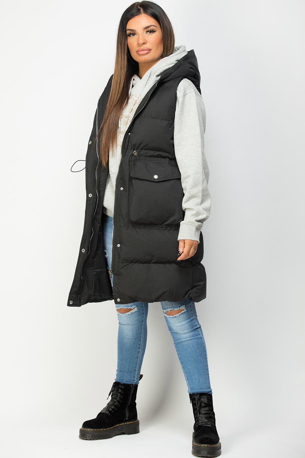 Zwarte Dames Lange Puffer Gilet met Elastische Taillekoord: Comfortabel, Stijlvol en Verstelbaar