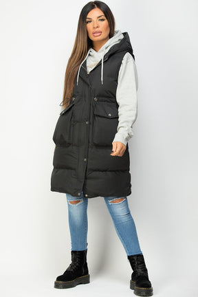 Zwarte Dames Lange Puffer Gilet met Elastische Taillekoord: Comfortabel, Stijlvol en Verstelbaar