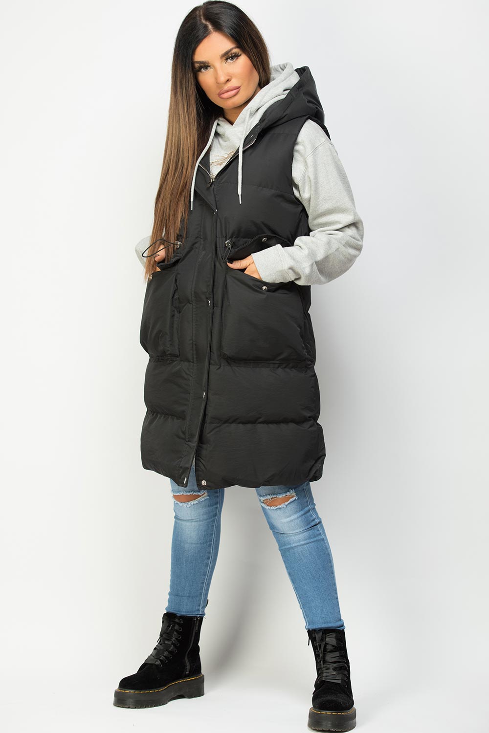 Zwarte Dames Lange Puffer Gilet met Elastische Taillekoord: Comfortabel, Stijlvol en Verstelbaar