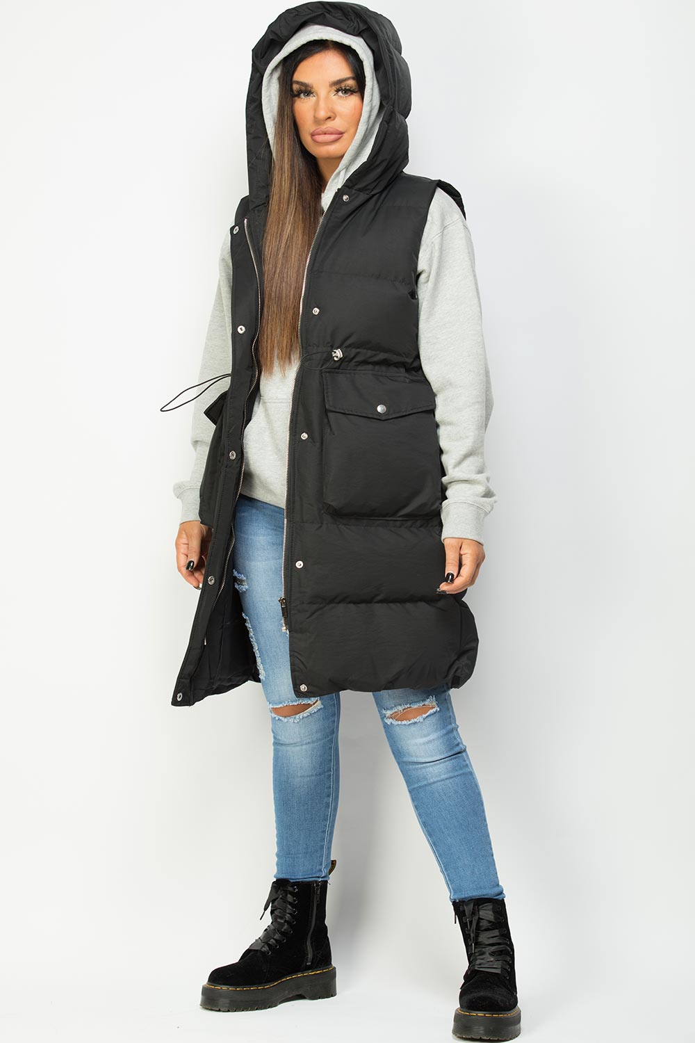 Zwarte Dames Lange Puffer Gilet met Elastische Taillekoord: Comfortabel, Stijlvol en Verstelbaar