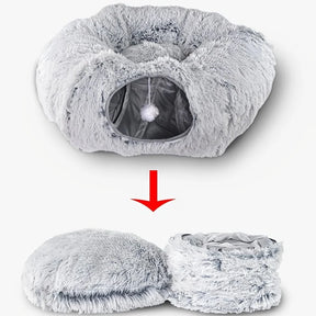 2-in-1 Pluche Donut Kattenbed met Speeltunnel – Comfort en Vermaak in Één!