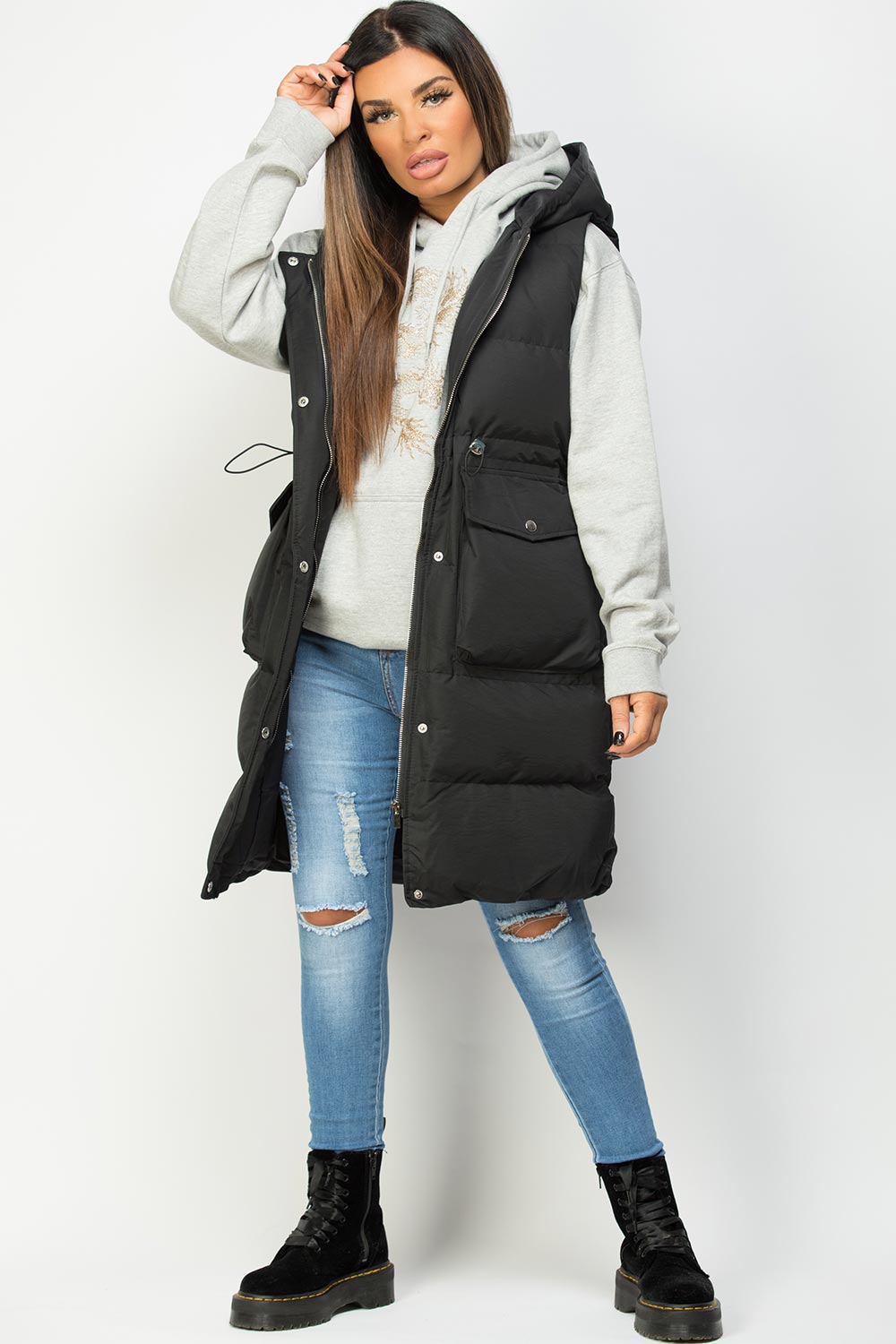 Zwarte Dames Lange Puffer Gilet met Elastische Taillekoord: Comfortabel, Stijlvol en Verstelbaar