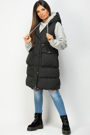 Zwarte Dames Lange Puffer Gilet met Elastische Taillekoord: Comfortabel, Stijlvol en Verstelbaar