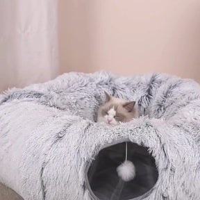 2-in-1 Pluche Donut Kattenbed met Speeltunnel – Comfort en Vermaak in Één!