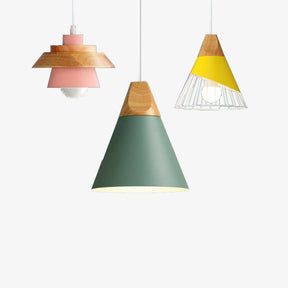 Scandinavische Metalen Hanglamp met Houten Bovenstuk – Kleur en Stijl voor Elke Ruimte