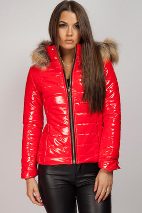 Zwarte Glanzende Dames Pufferjack met Faux Fur Capuchon: Warm, Winddicht en Modieus